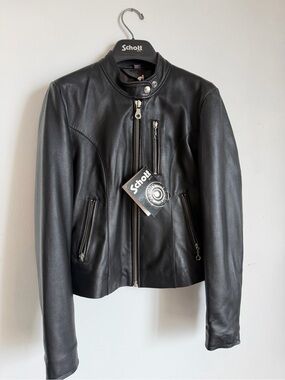 NWT Schott NYC Black Lambskin Moto Cafe Racer Jacket XS